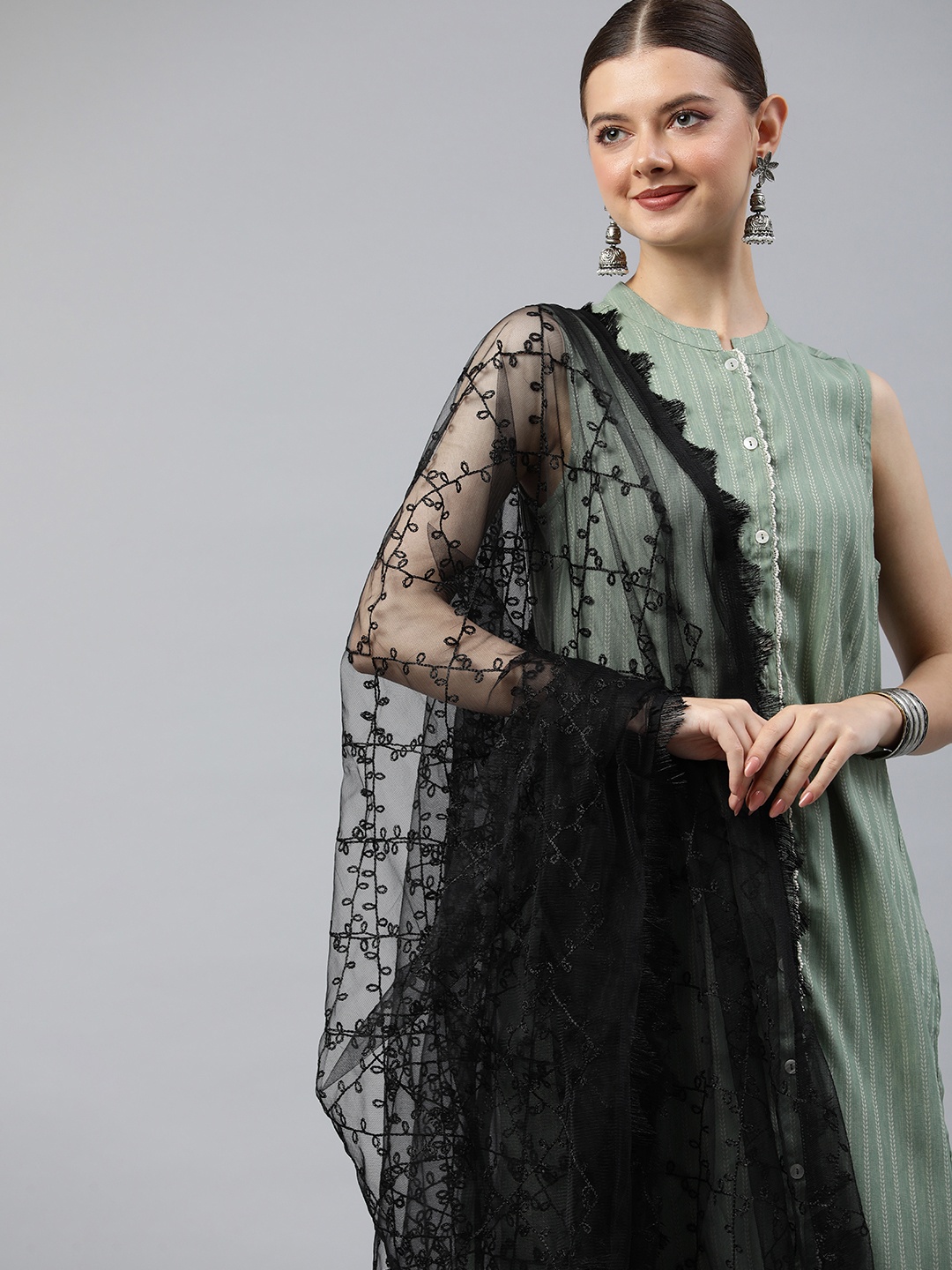 

Rani Saahiba Embroidered Thread Work Dupatta, Black