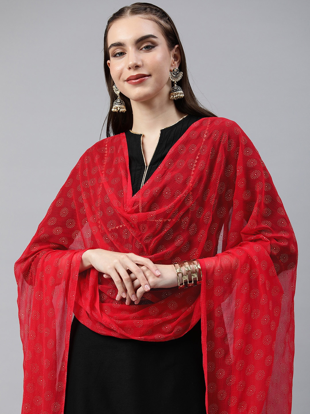 

Rani Saahiba Printed Foil Print Dupatta, Red