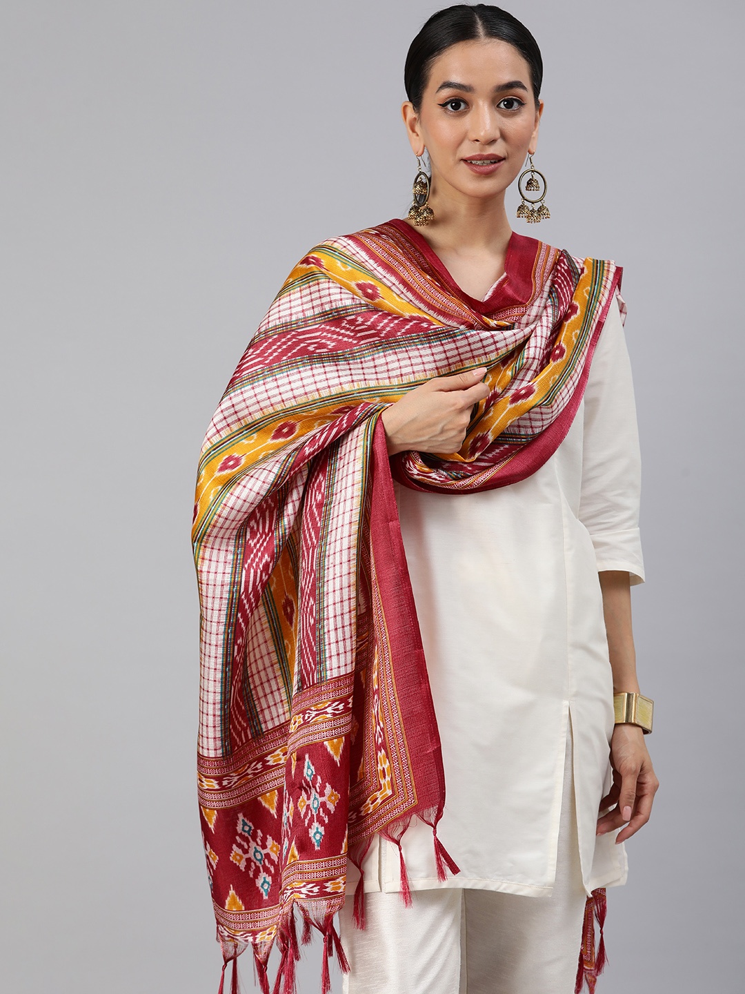 

Rani Saahiba Ethnic Motifs Printed Ikat Dupatta, Maroon