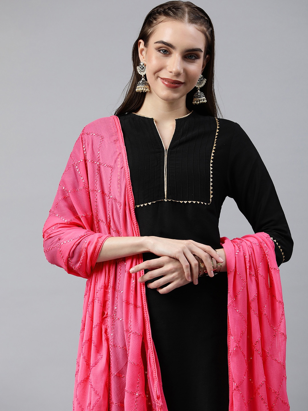 

Rani Saahiba Woven Design Dupatta with Sequinned Details, Pink