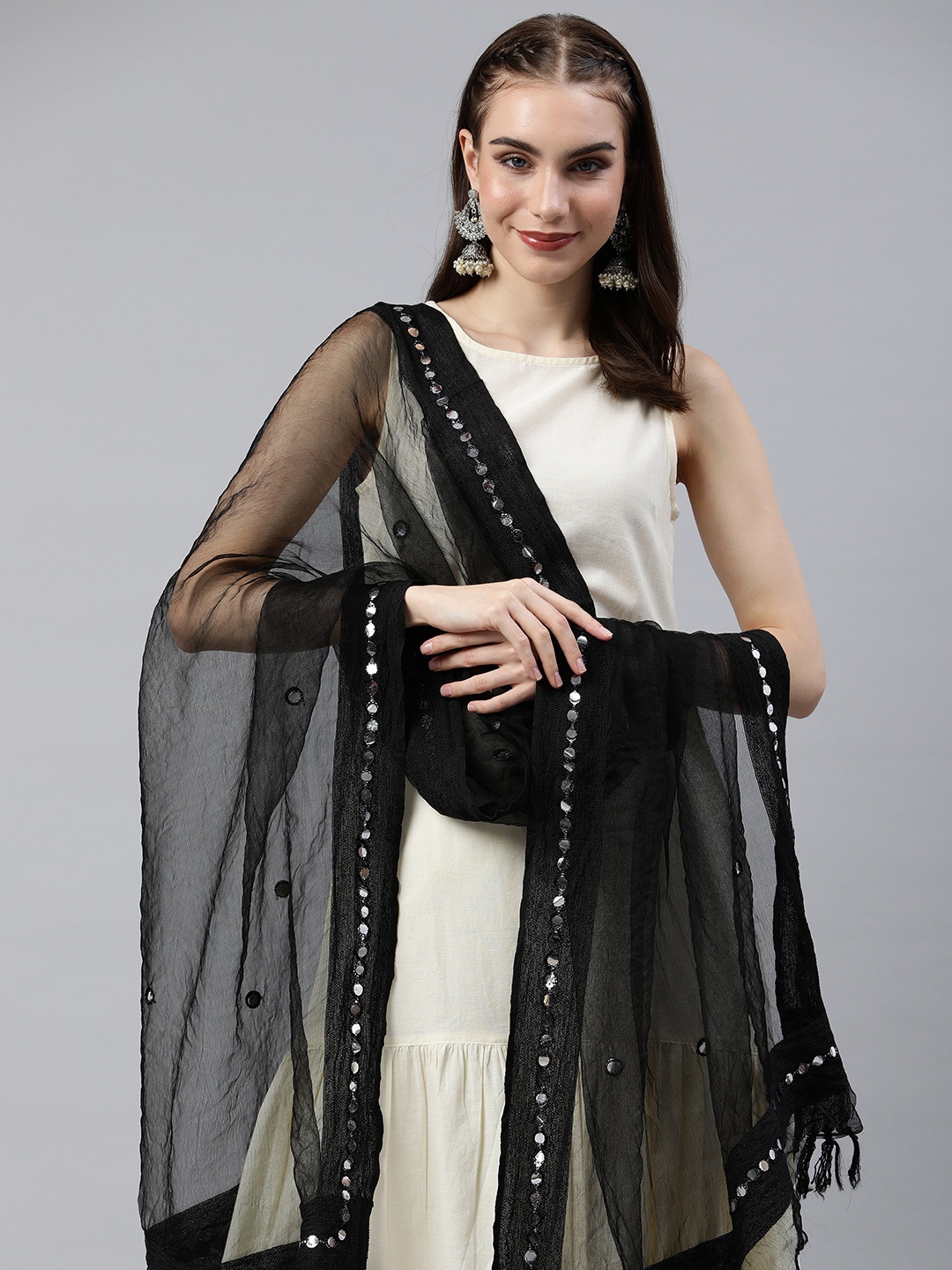 

Rani Saahiba Embroidered Mirror Work Organza Dupatta, Black