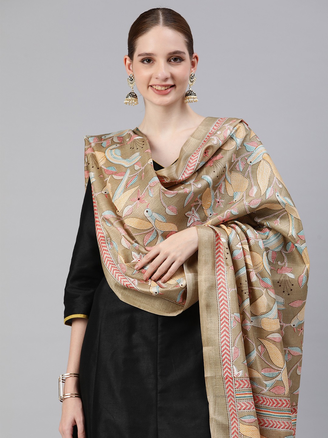 

Rani Saahiba Ethnic Motifs Printed Kalamkari Dupatta, Beige