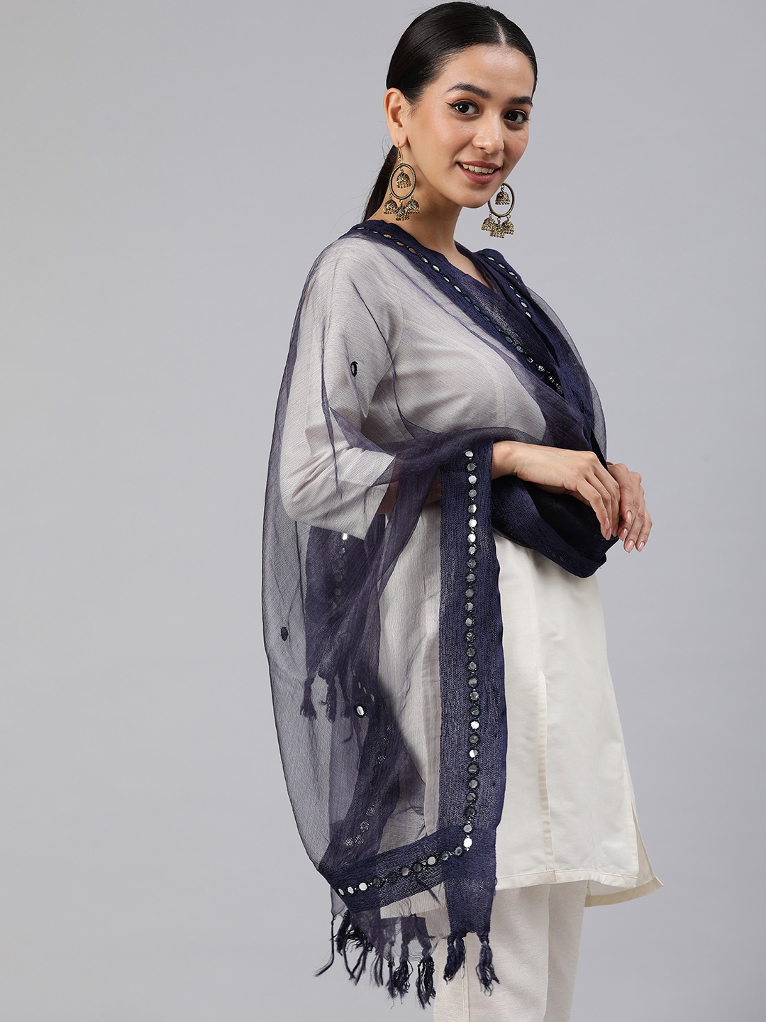 

Rani Saahiba Embroidered Mirror Work Organza Dupatta, Navy blue