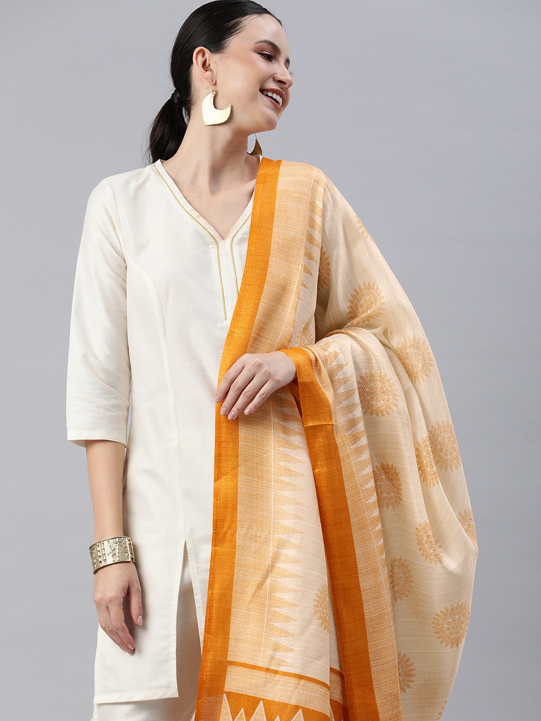 

Rani Saahiba Ethnic Motifs Printed Ikat Dupatta, Cream