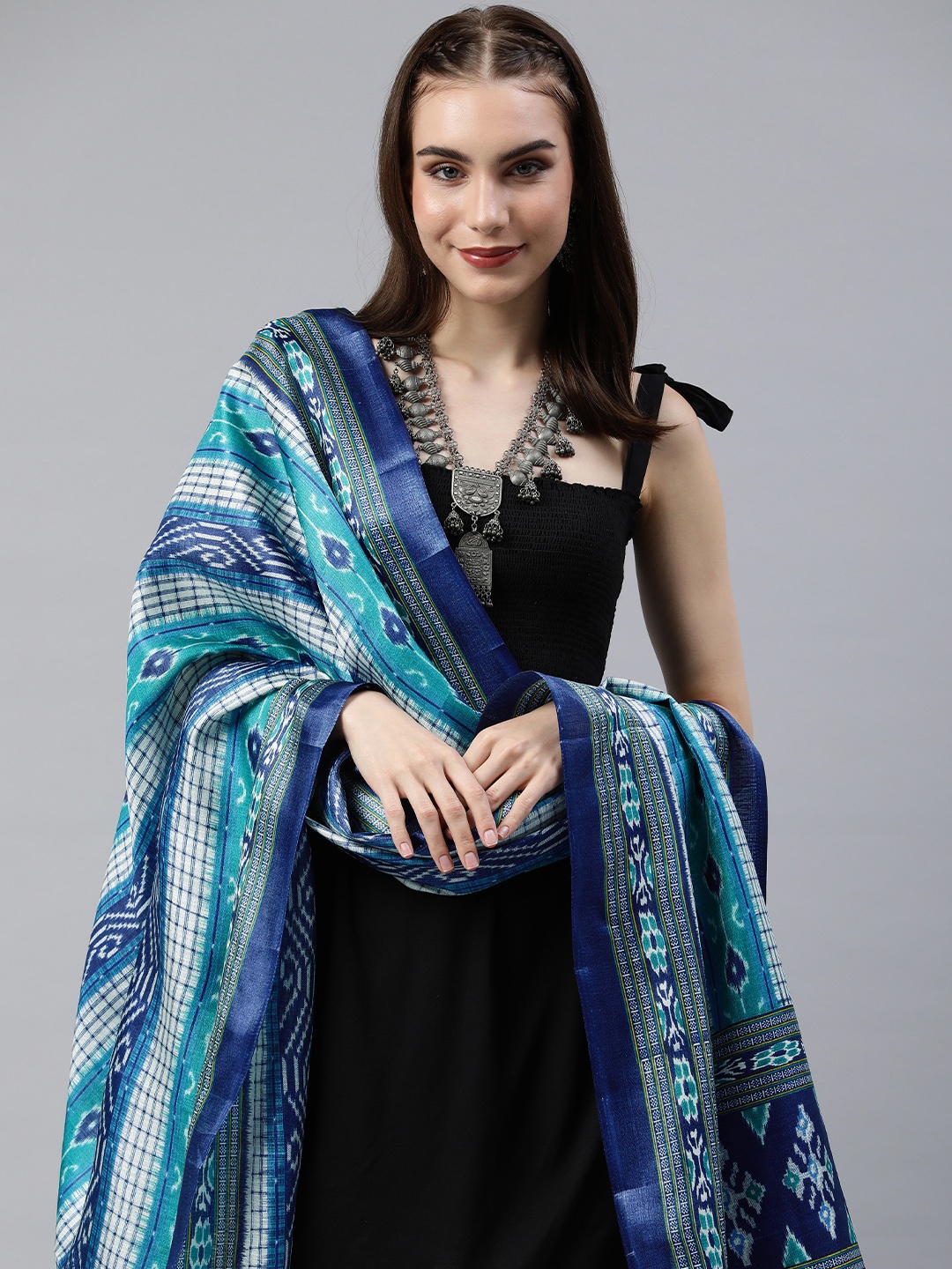 

Rani Saahiba Ethnic Motifs Printed Ikat Dupatta, Blue