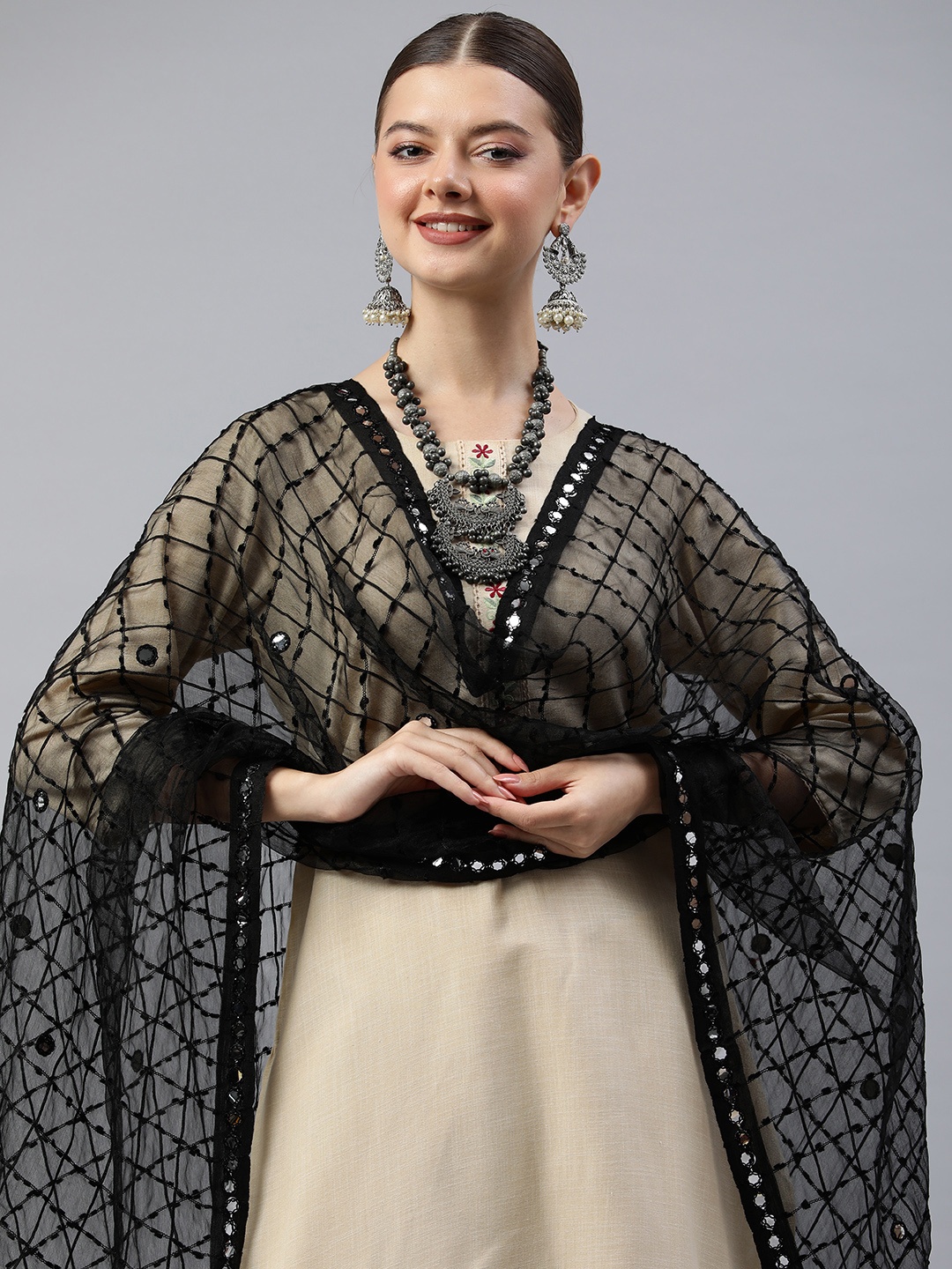 

Rani Saahiba Embroidered Mirror Work Organza Dupatta, Black