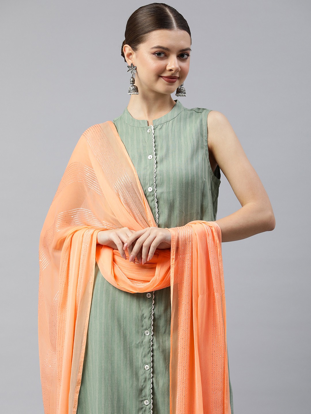 

Rani Saahiba Striped Dupatta with Sequinned Detail, Peach