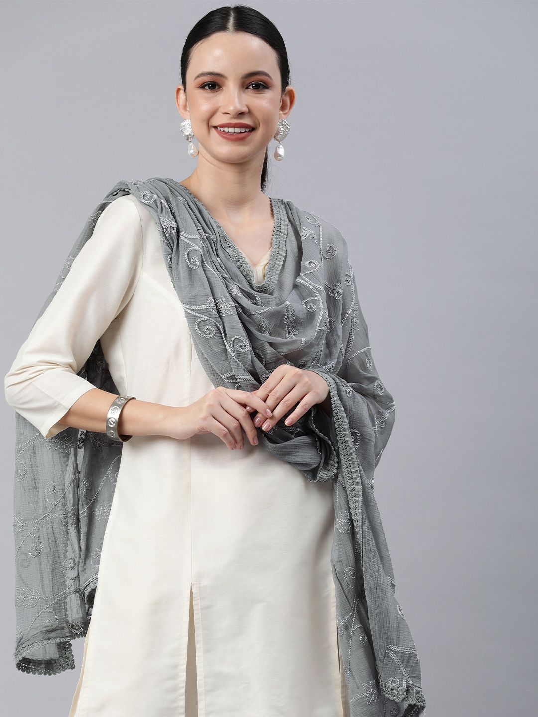 

Rani Saahiba Embroidered Thread Work Dupatta, Grey
