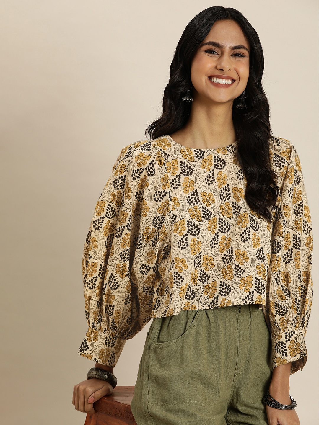 

Taavi Floral Print Puff Sleeve Cotton Crop Top, Beige