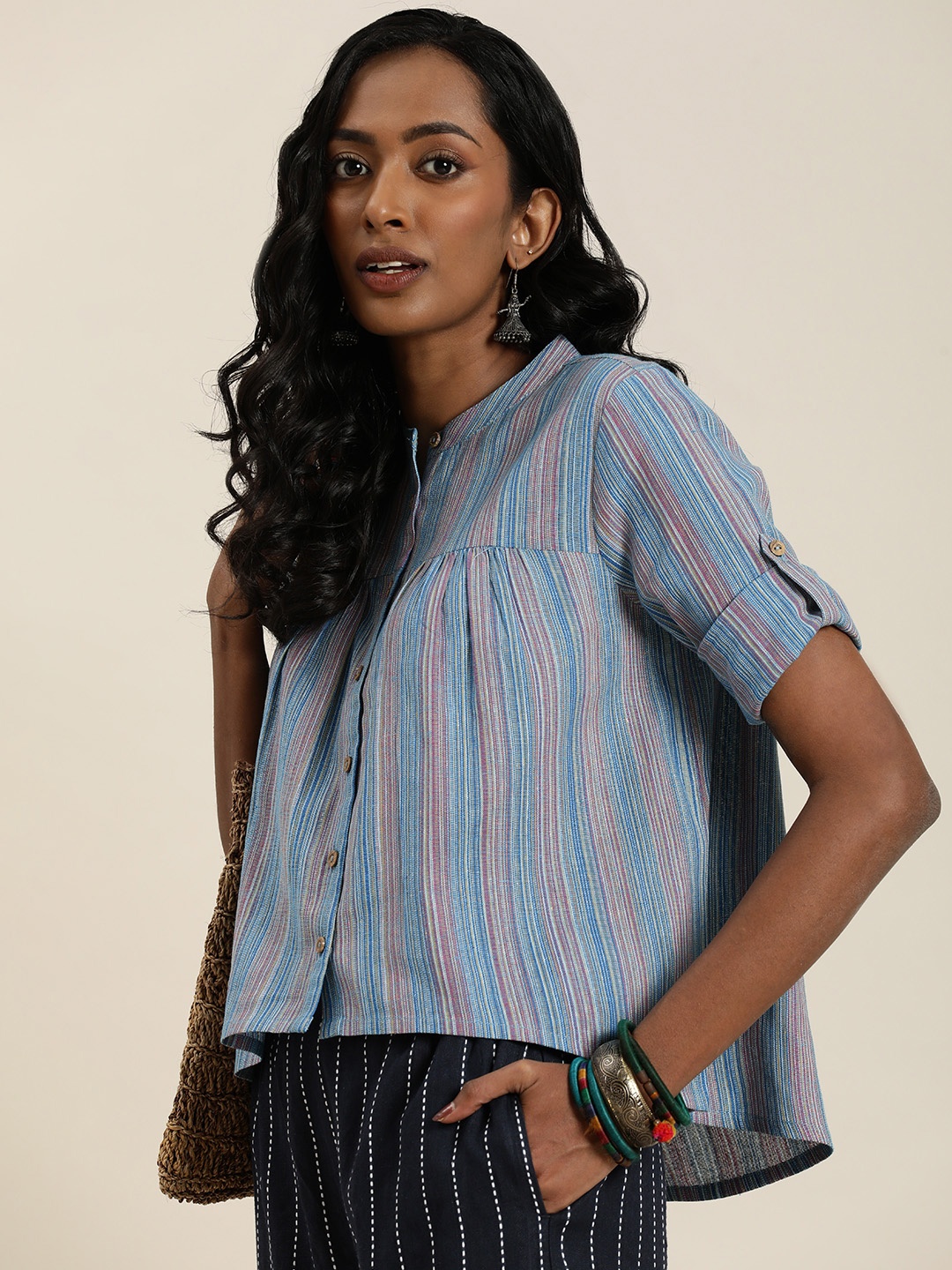 

Taavi Striped Mandarin Collar Roll-Up Sleeves Pure Cotton Top, Blue