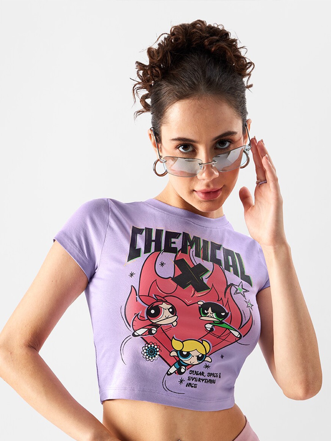 

The Souled Store Powerpuff Printed Pure Cotton Crop T-Shirt, Lavender