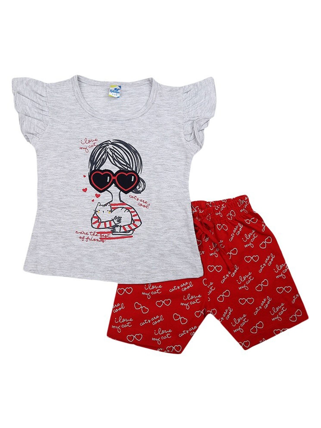 

V-Mart Girls Graphic Printed Pure Cotton T-shirt with Shorts, Grey