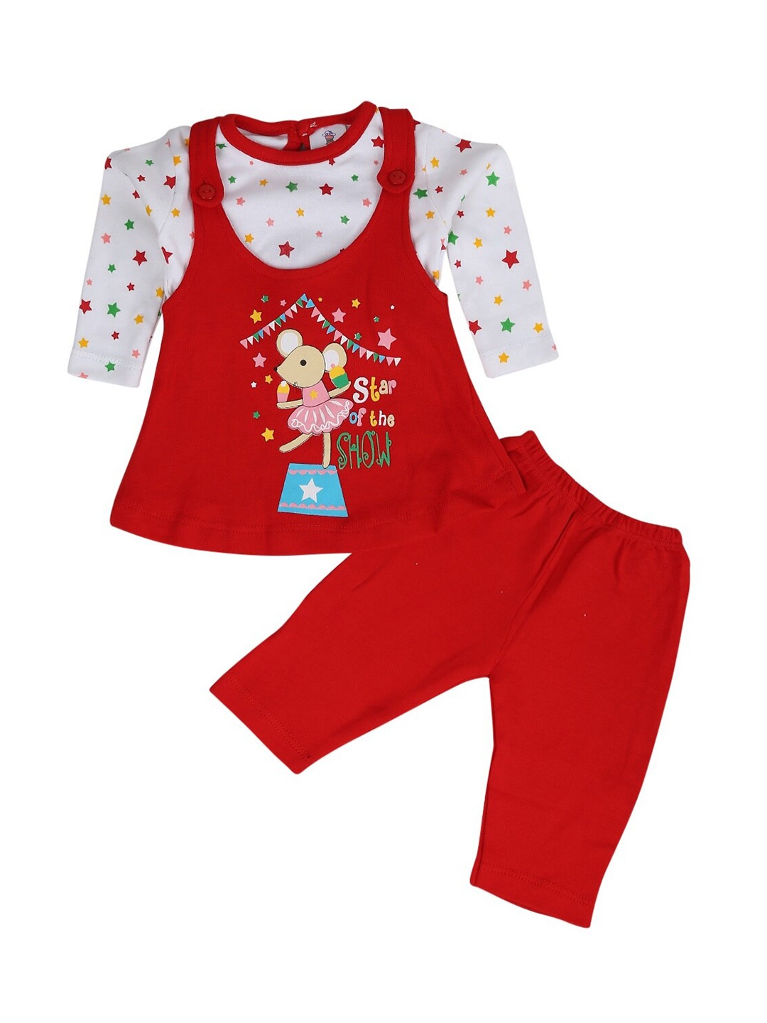 

V-Mart Infants Girls Printed Pure Cotton Top with Trousers, Red