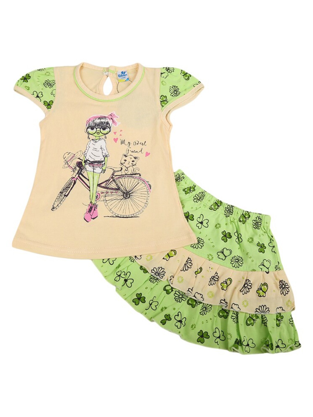 

V-Mart Infant Girls Printed Pure Cotton Top with Skirt, Green