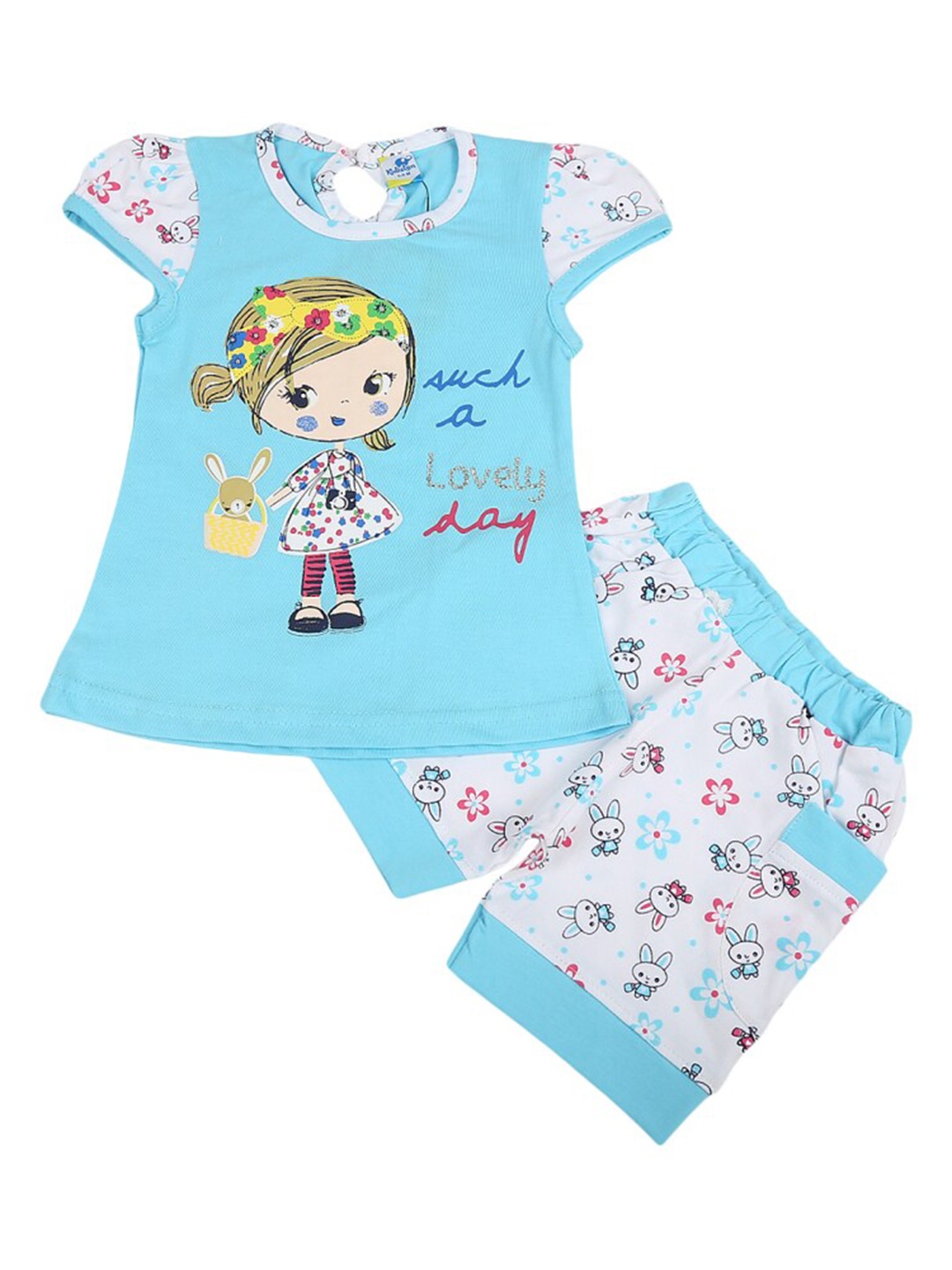

V-Mart Girls Graphic Printed Pure Cotton T-shirt with Shorts, Blue