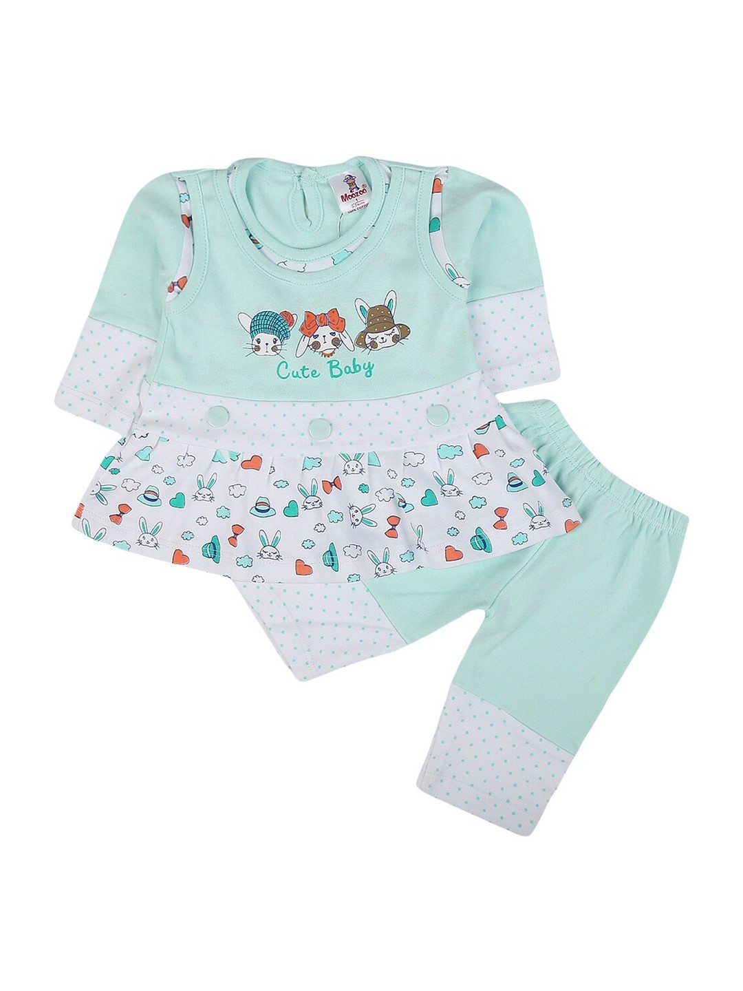 

V-Mart Infant Girls Printed Pure Cotton Top with Trousers, Green