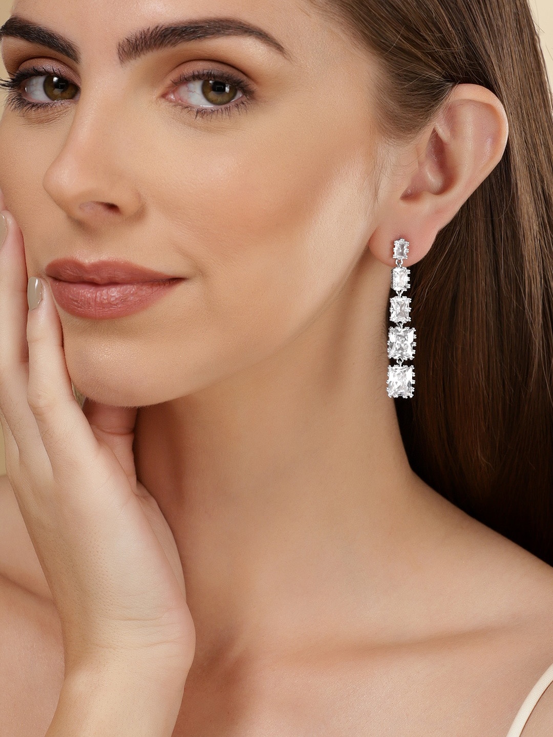 

Rubans Rhodium-Plated Crystals Studded Classic Drop Earrings, Silver