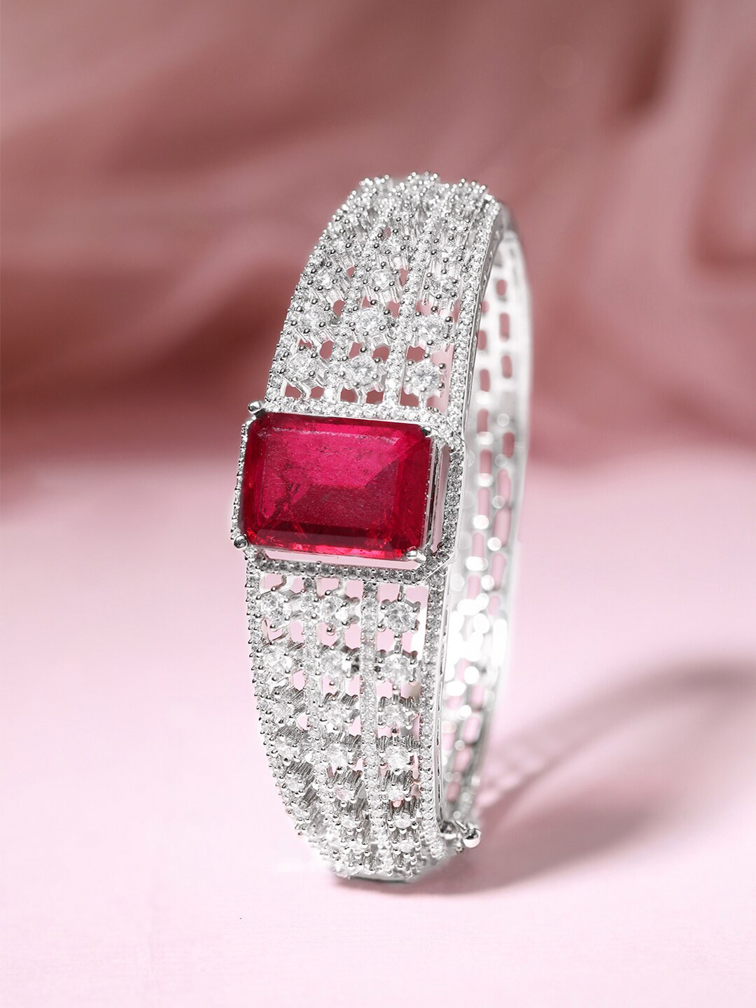 

Rubans Silver-Toned Brass Ruby Cubic Zirconia Rhodium-Plated Bangle-Style Bracelet