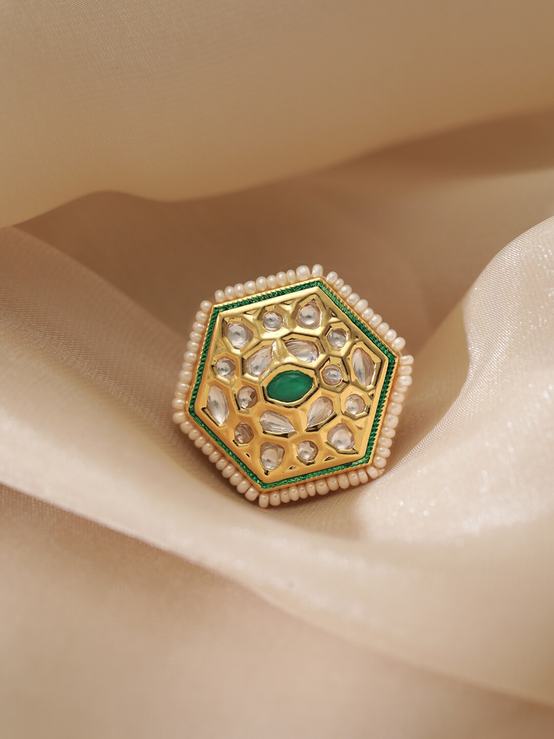 

Rubans 22k Gold Plated Emerald Green & White Kundan Polki Studded Adjustable Finger Ring