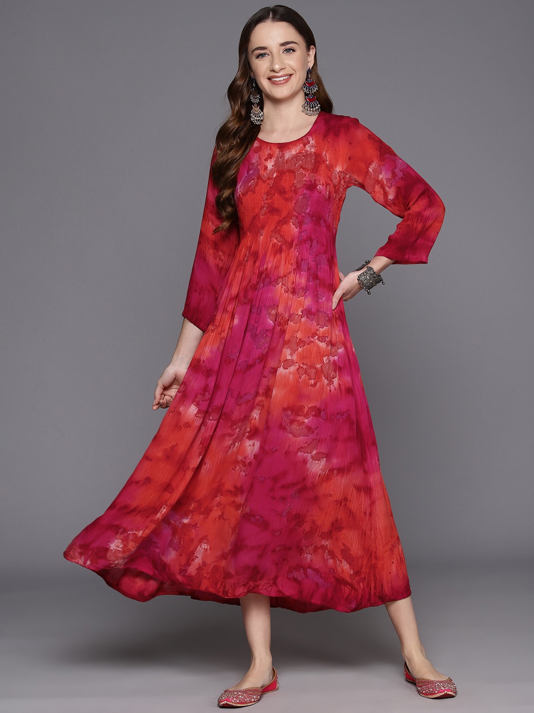 

Indo Era Tie & Dye Dyed Smocked A-Line Midi Ethnic Dress, Orange