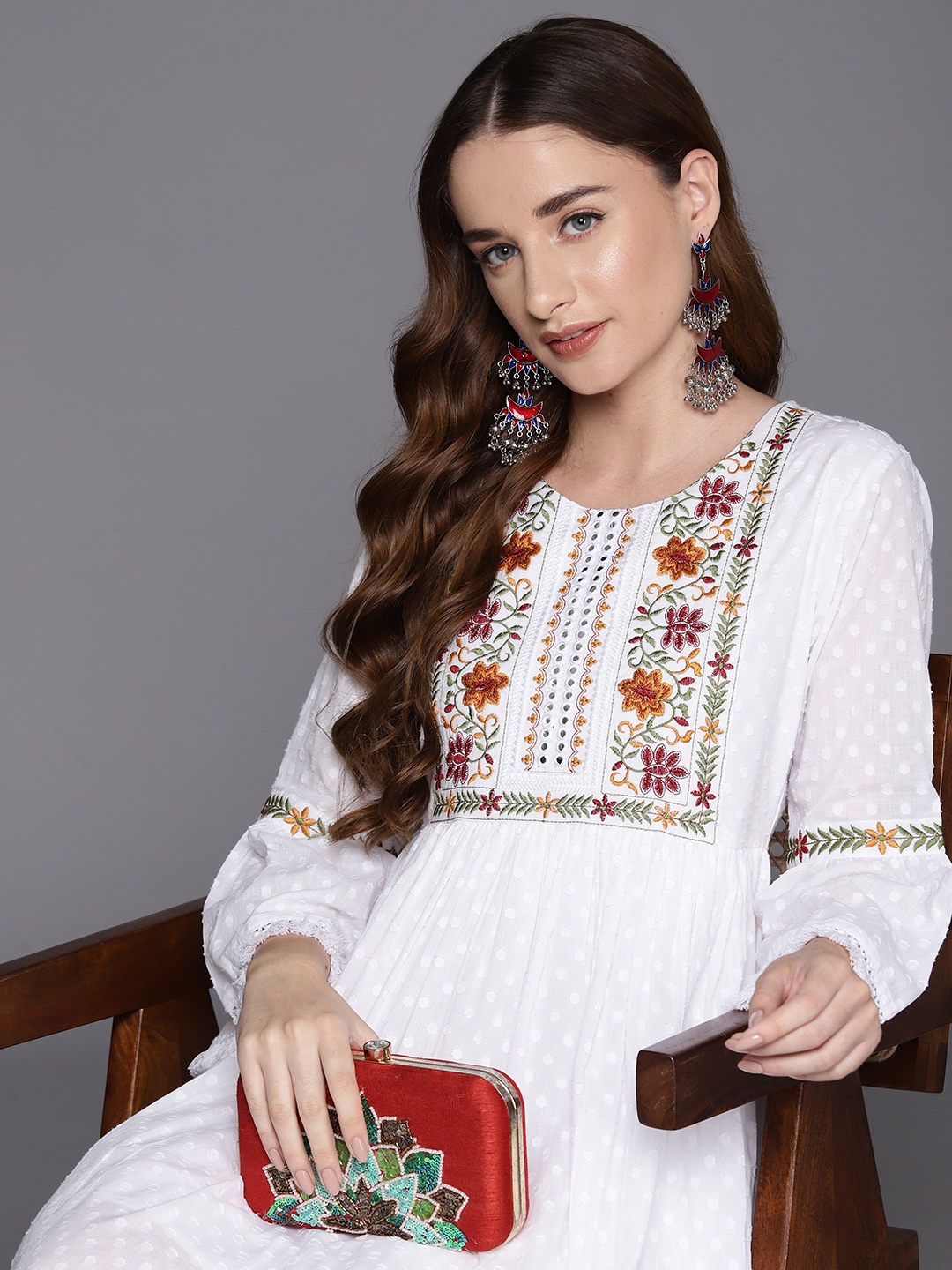 

Indo Era Floral Embroidered Bell Sleeves A-Line Ethnic Dress, White