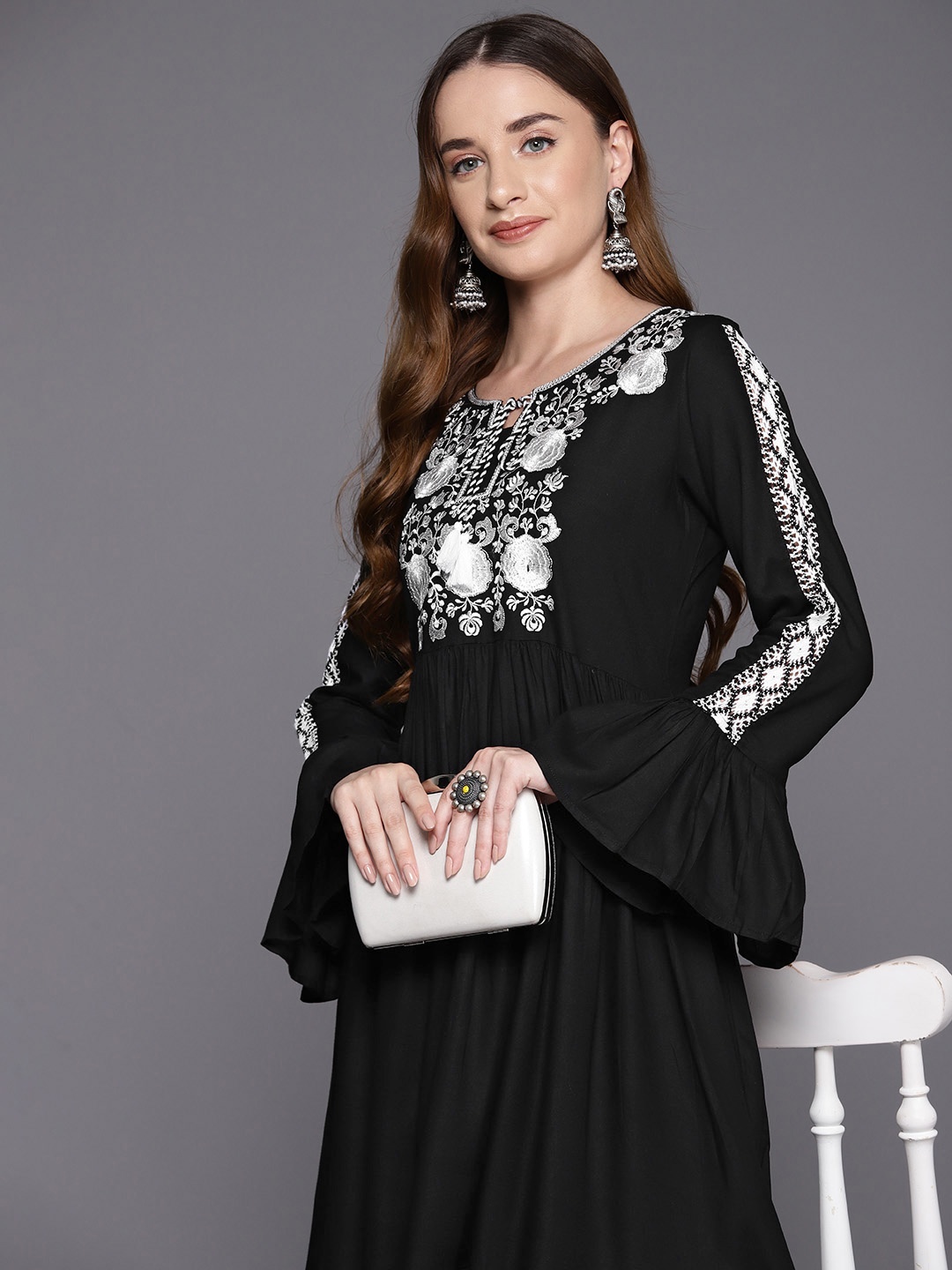 

Indo Era Floral Embroidered Tie-Up Neck Bell Sleeve A-Line Midi Dress, Black