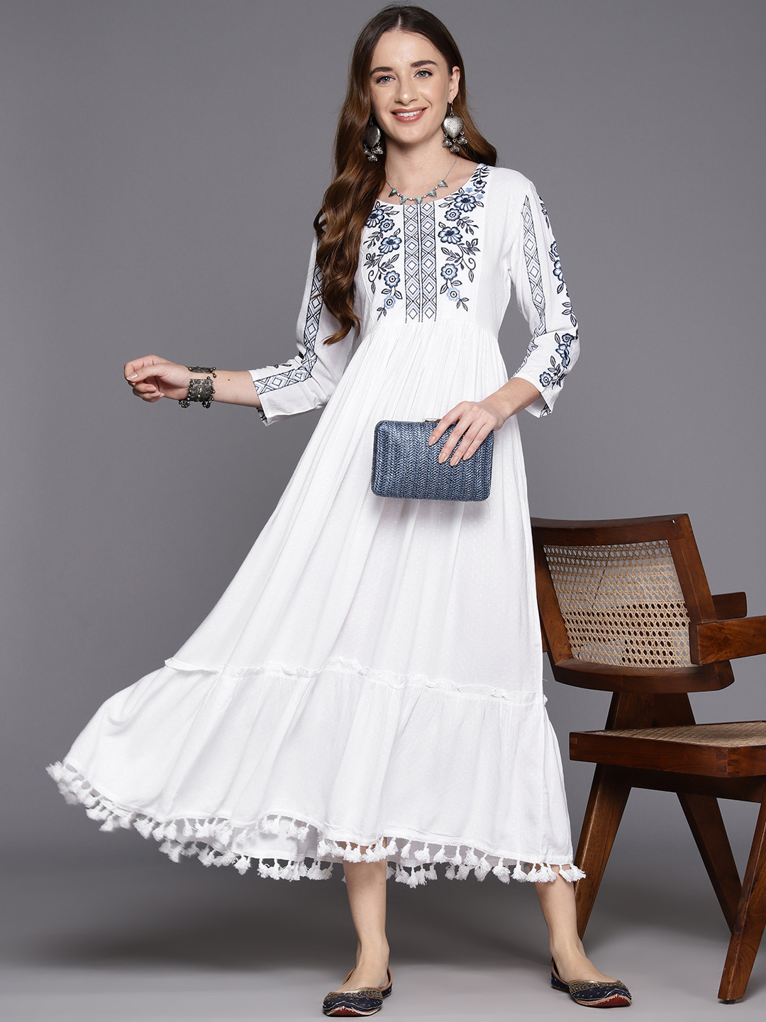

Indo Era Floral Embroidered Dobby A-Line Midi Dress, White