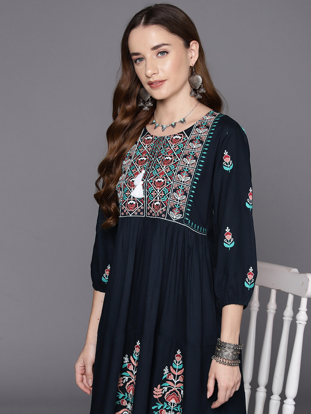 

Indo Era Ethnic Motifs Embroidered Tie-Up Neck Puff Sleeve A-Line Midi Dress, Navy blue