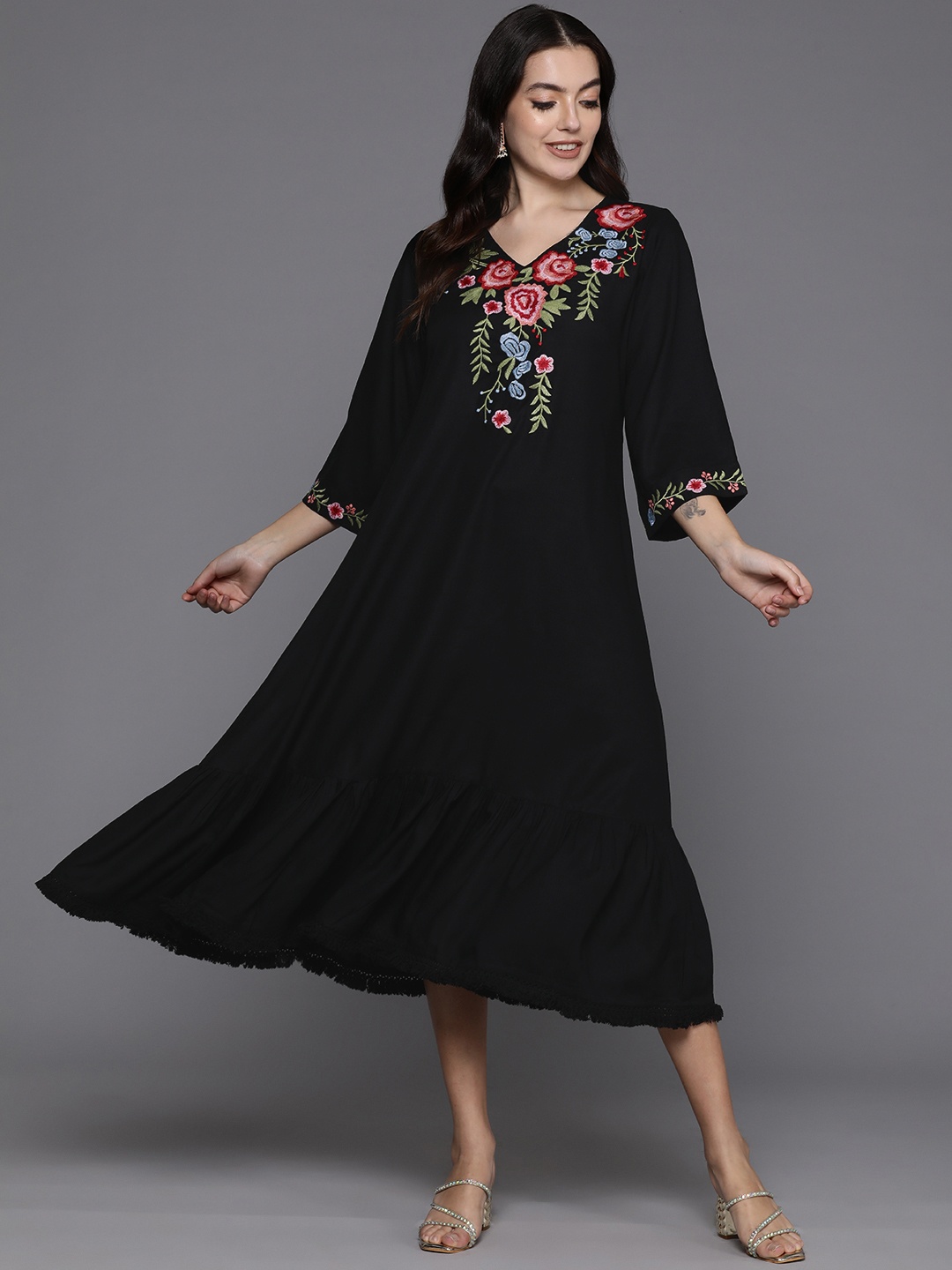 

Indo Era Floral Embroidered Flared Sleeves A-Line Midi Dress, Black