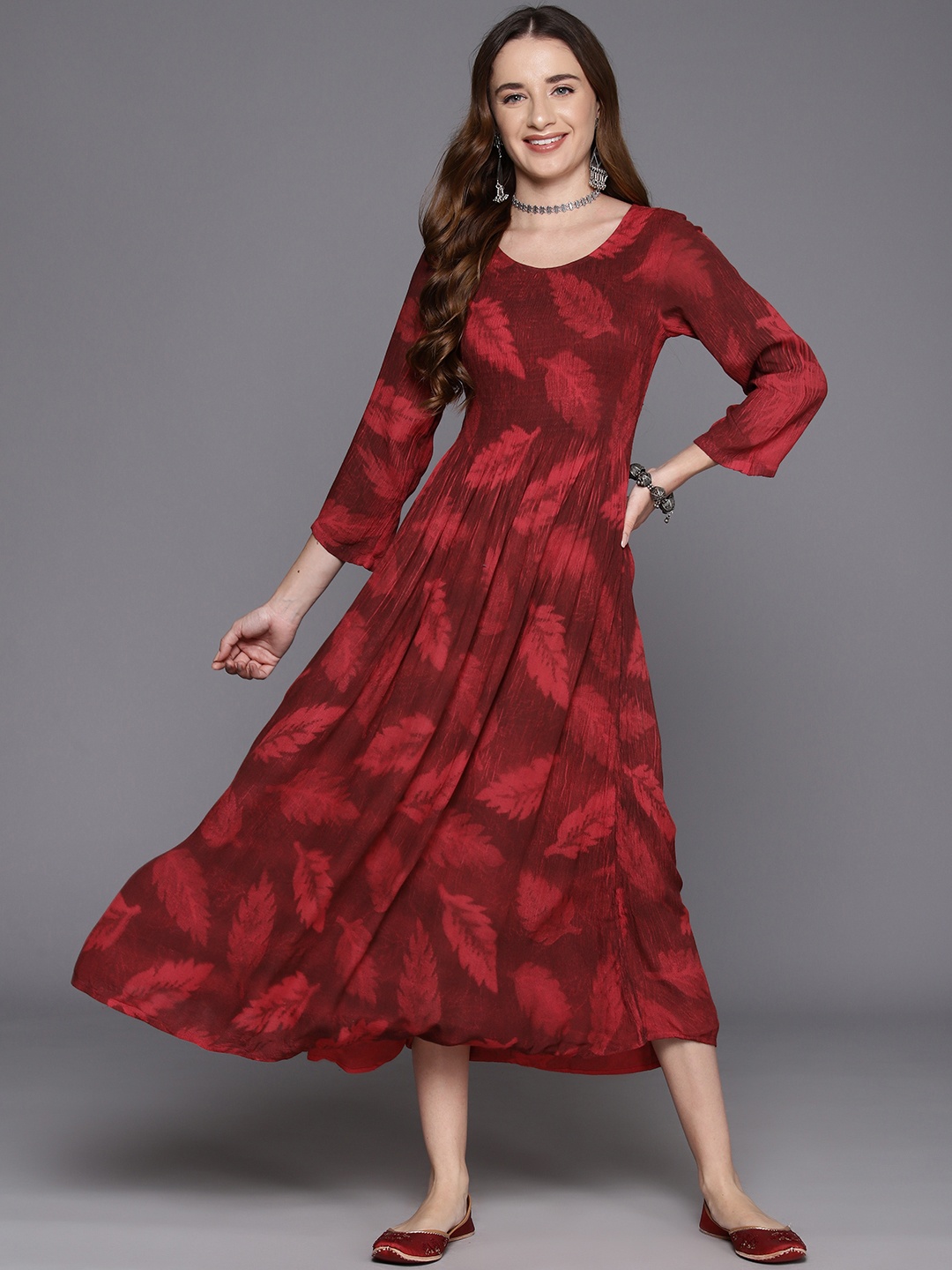 

Indo Era Floral Print A-Line Midi Dress, Red