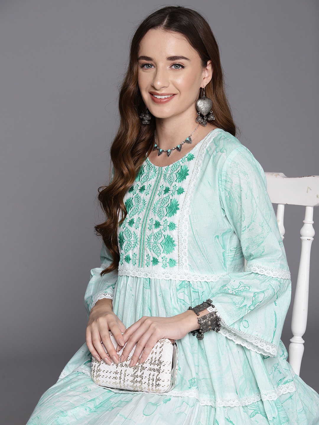 

Indo Era Embroidered Bell Sleeve A-Line Dress, Sea green