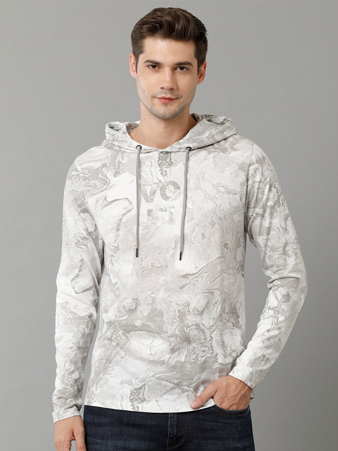 

Voi Jeans Abstract Printed Hooded Cotton T-shirt, Grey