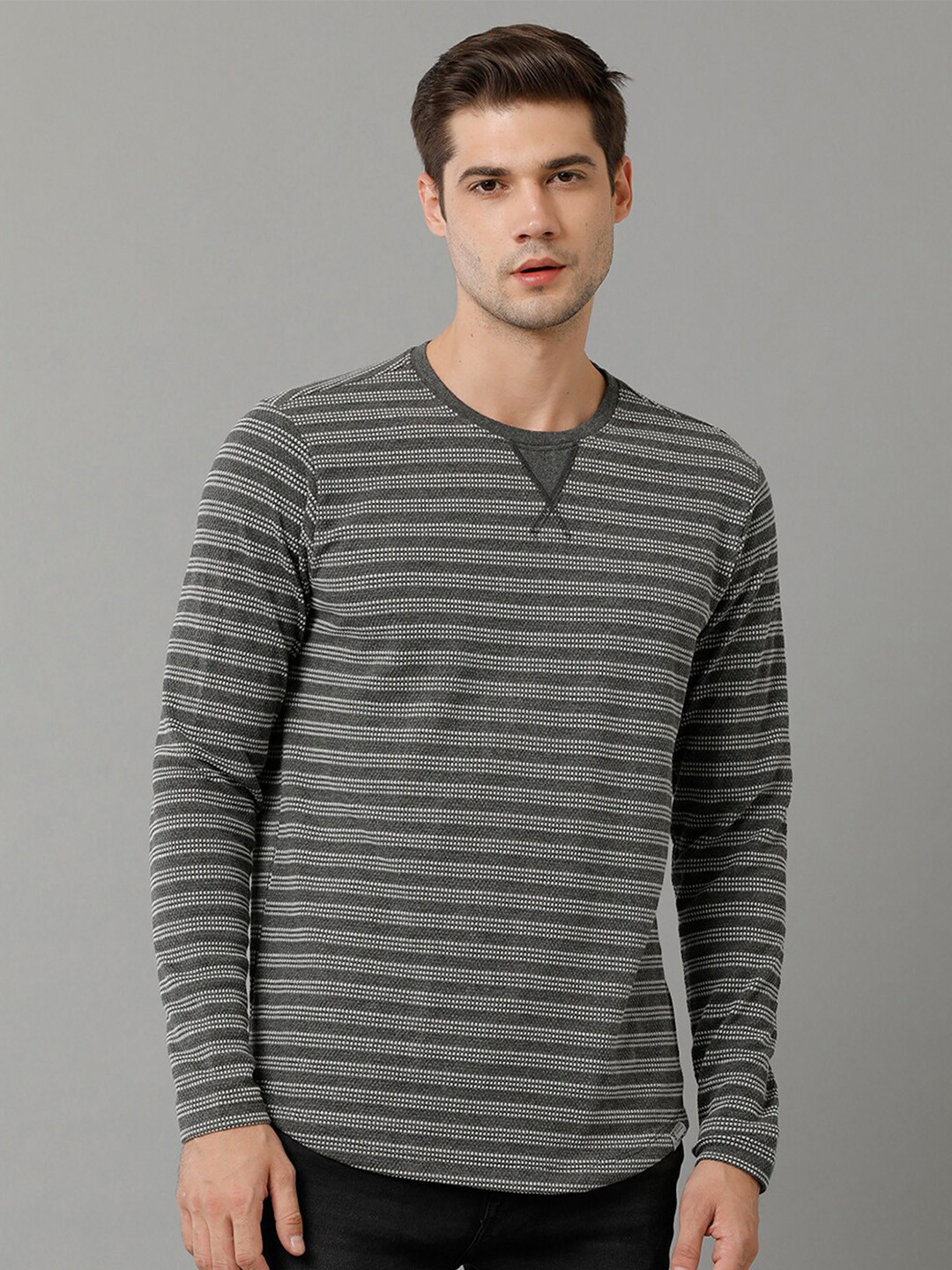 

Voi Jeans Striped Long sleeves Pure Cotton T-shirt, Grey