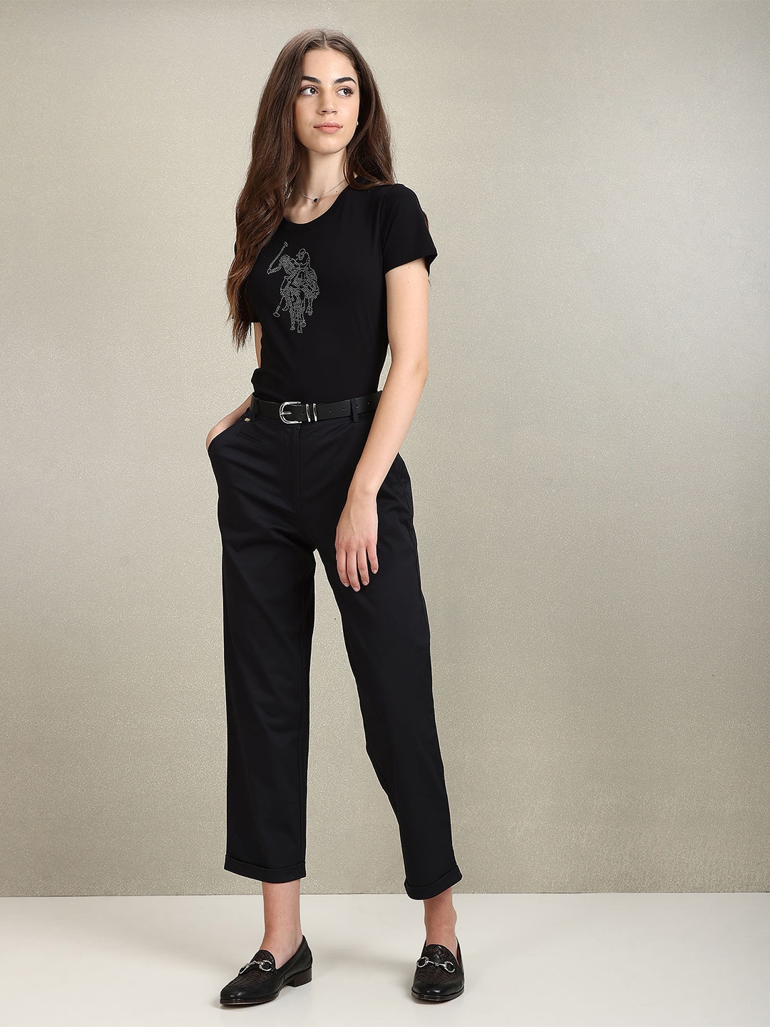 

U.S. Polo Assn. Women Self Design Round Neck Pure Cotton Regular Fit T-shirt, Black