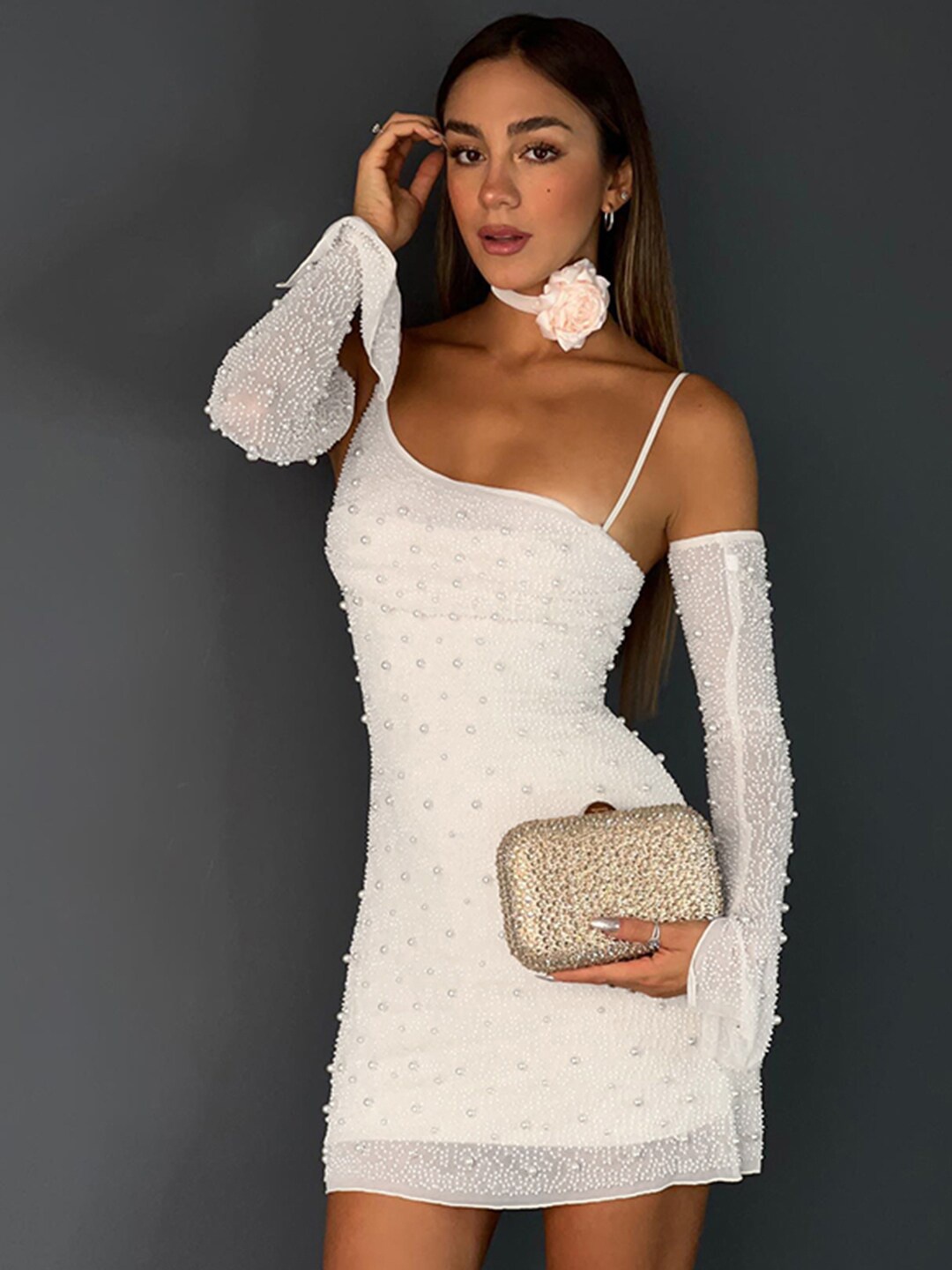 

StyleCast White Embellished Shoulder Straps Sheath Mini Dress