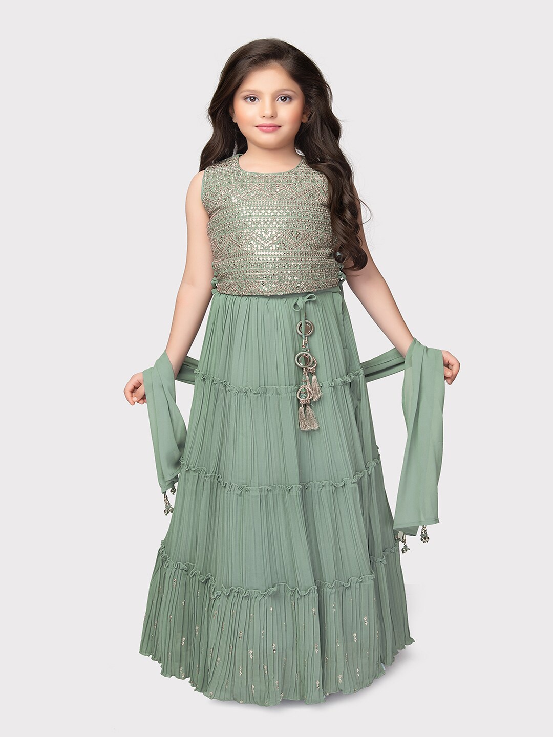 

BETTY Girls Embellished Sequinned Ready to Wear Lehenga & Blouse With Dupatta, Green