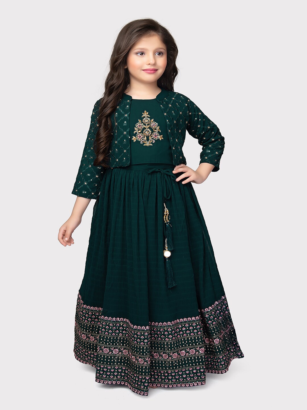 

BETTY Girls Embellished Beads & Stones Ready to Wear Lehenga & Blouse With Jacket, Green