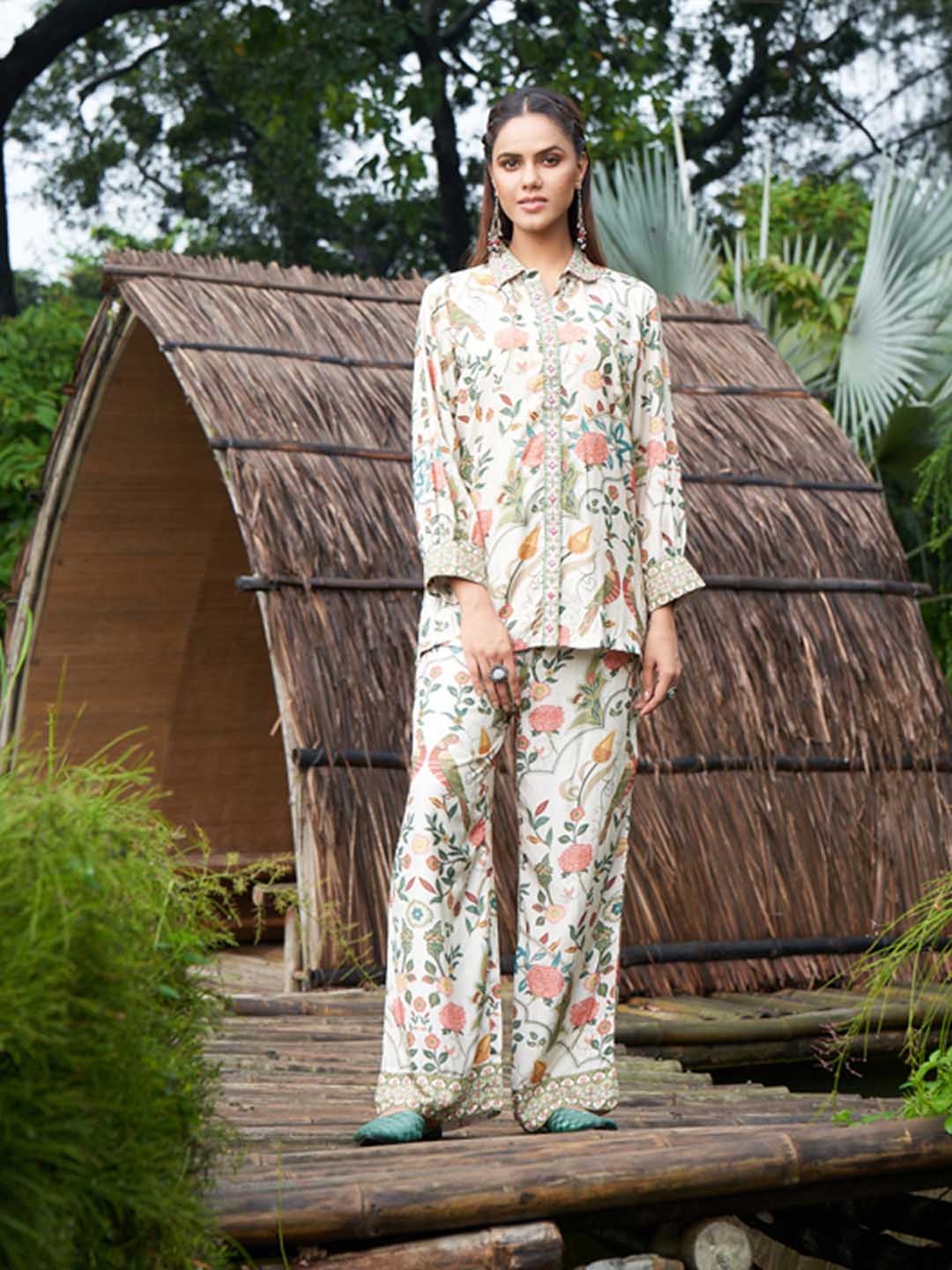 

Amchoor Floral Printed Shirt Collar Shirt & Trousers, Cream