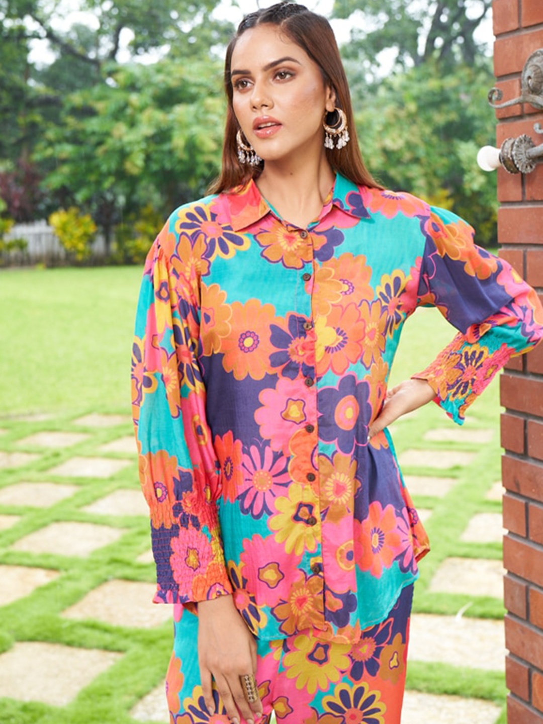 

Amchoor Printed Cotton Collar Neck Shirt With Flared Palazzo, Peach