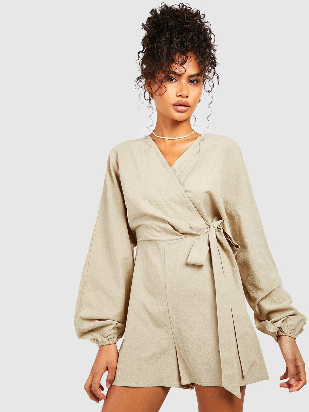 

Boohoo Puff Sleeve Wrap Playsuit, Beige
