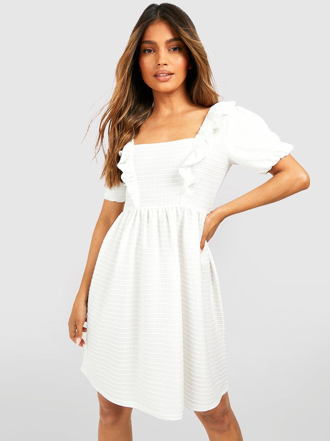

Boohoo Self Design Ruffled A-Line Mini Dress, White