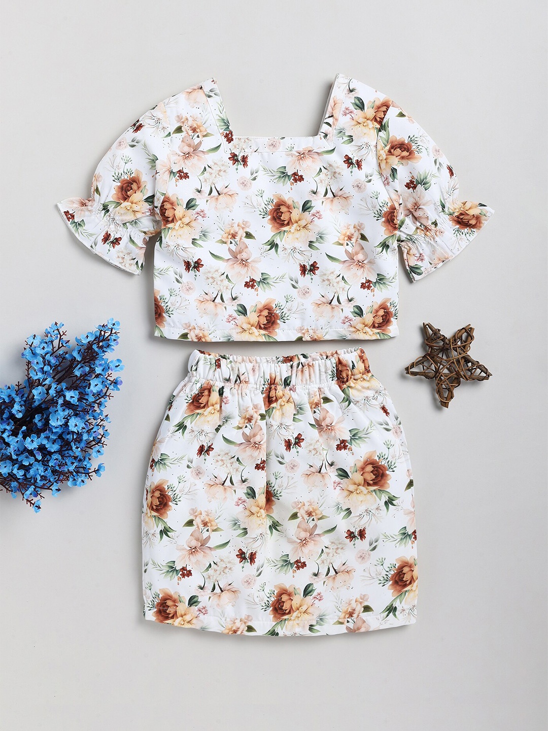 

Toonyport Girls Floral Printed Top with Skirt, White
