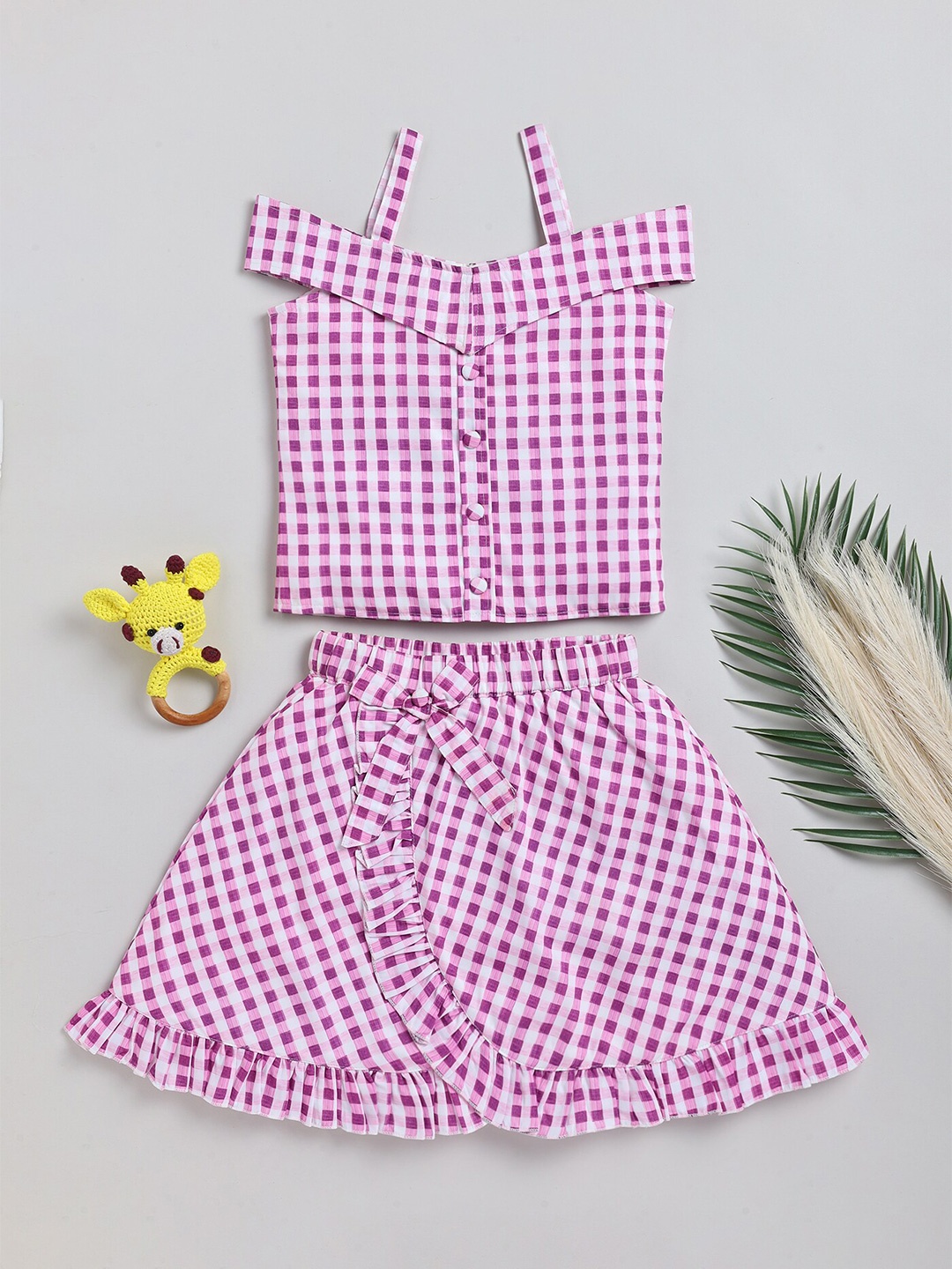 

Toonyport Girls Checked Top with Skirt, Pink