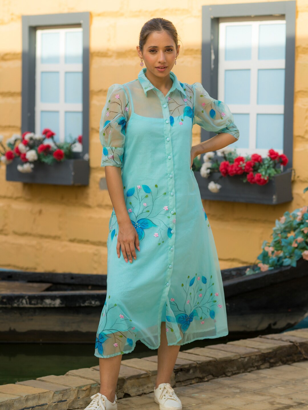 

Ambraee Floral Printed Puff Sleeves Organza Shirt Dress, Turquoise blue