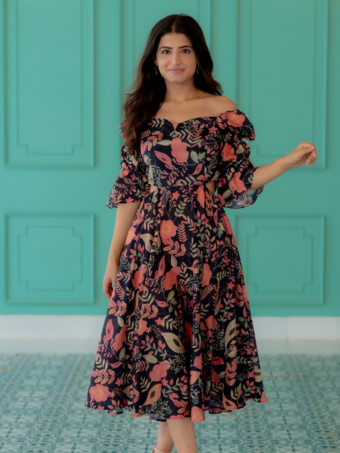 

Ambraee Floral Print Off-Shoulder Fit & Flare Pleated Cotton Midi Dress, Black