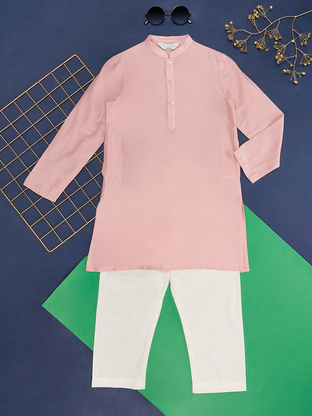 

indus route by Pantaloons Boys Mandarin Collar Kurta With Pyjamas, Pink