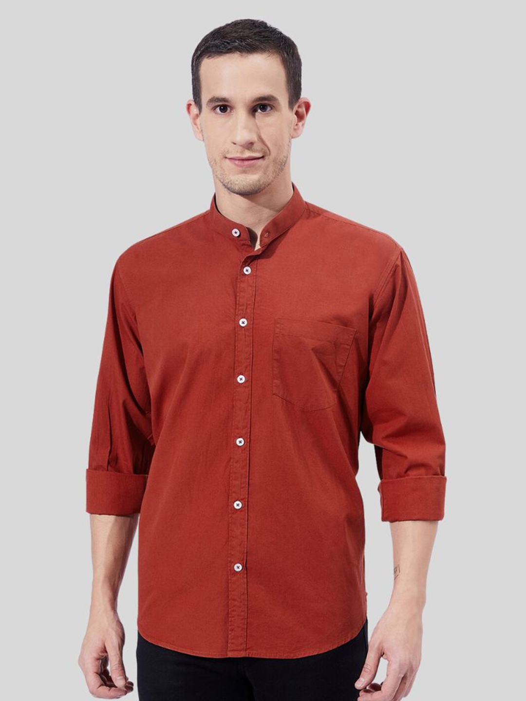 

Ben Martin Classic Slim Fit Mandarin collar Opaque Cotton Casual Shirt, Rust