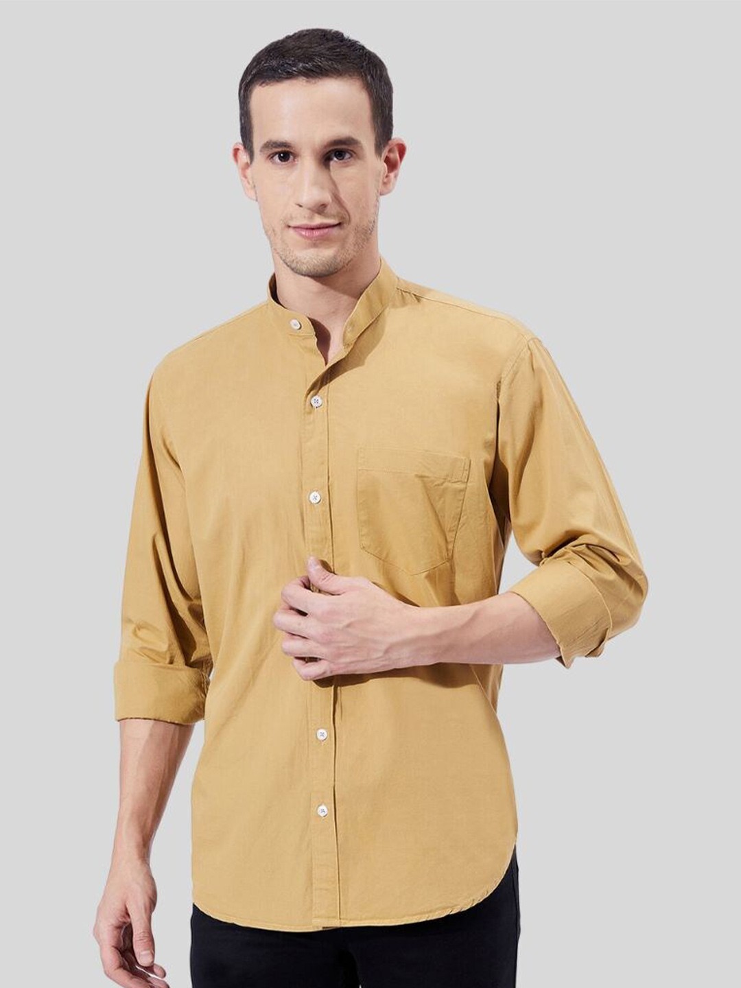 

Ben Martin Classic Slim Fit Mandarin Collar Opaque Cotton Casual Shirt, Camel brown