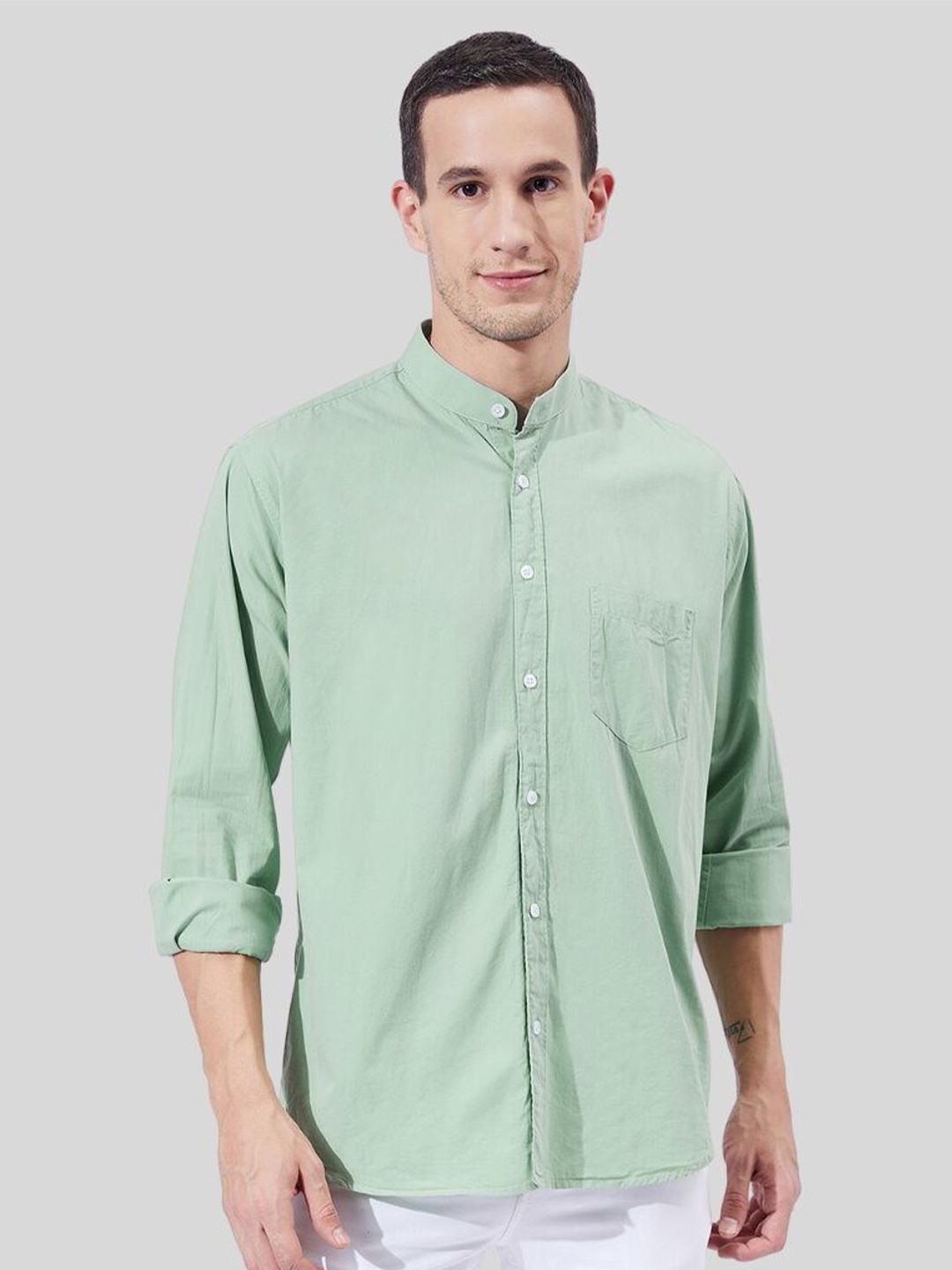 

Ben Martin Classic Slim Fit Band Collar Cotton Casual Shirt, Green