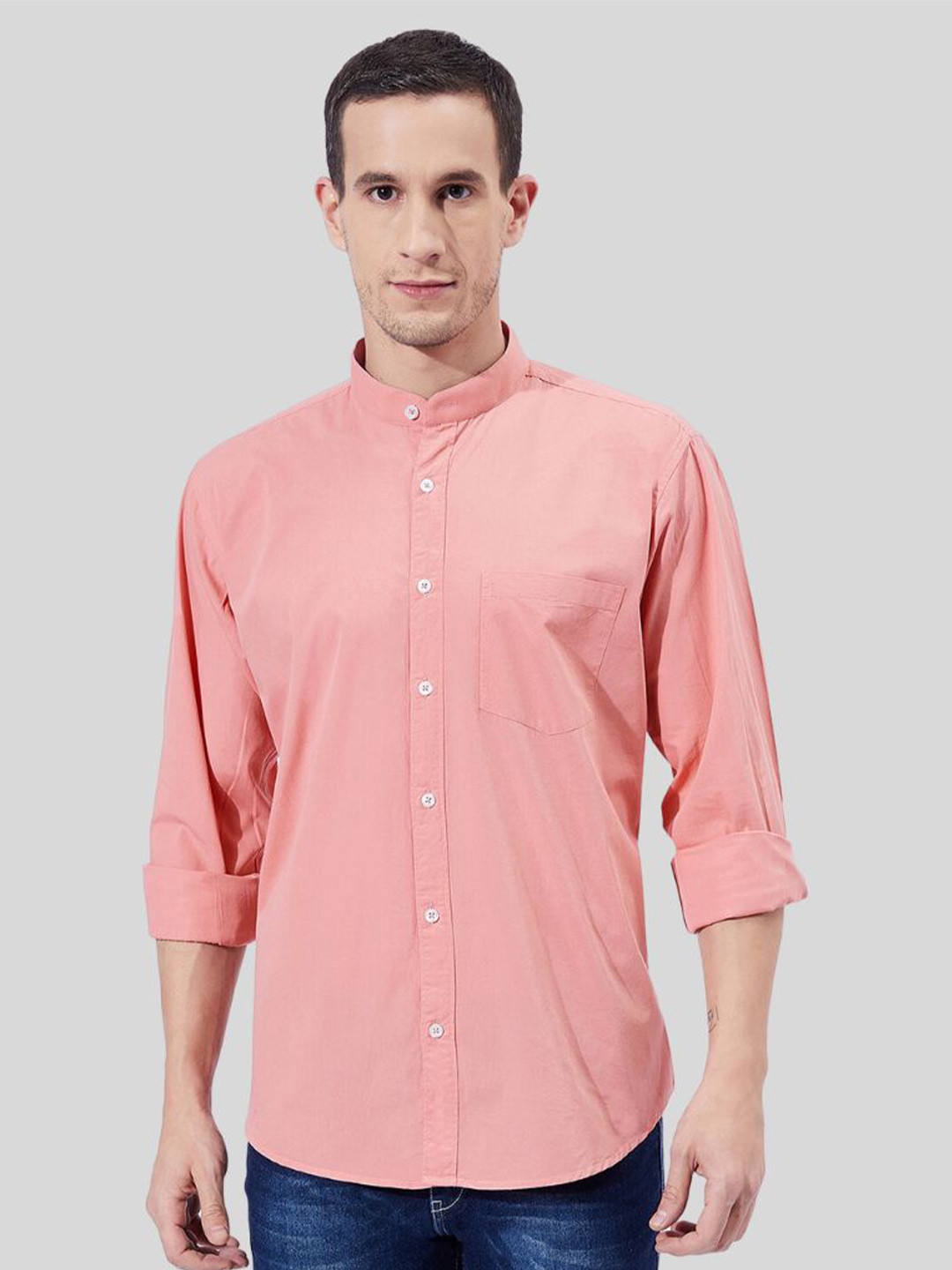 

Ben Martin Classic Slim Fit Band Collar Cotton Casual Shirt, Pink